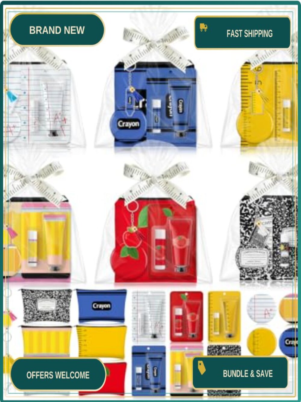 School Theme Cosmetic Bags Set with Hand Cream Lip Balm Mirrors Keychains